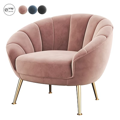 Pink Scalloped Design Velvet Accent Chair With Gold Metal Legs For Living Room 3d model