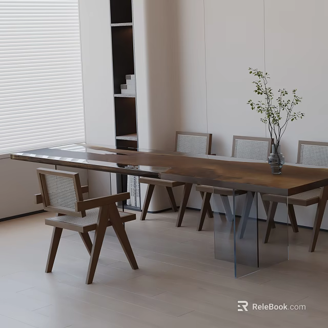 Tea Room Interior with Long Wooden Table Transparent Legs Wicker Back Chairs Green Plant Vase 3d model 