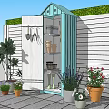 Outdoor Garden Tool Shed With Hanging Gardening Tools And Potted Plants By White Fence And Tiled Patio