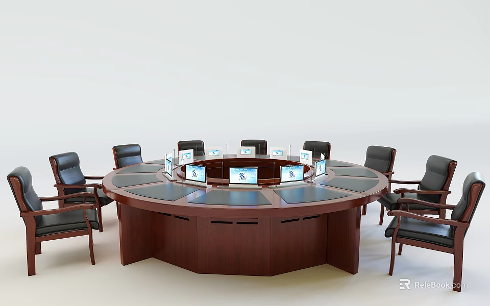 Round Wooden Conference Table With Multiple Screens And Black Leather Chairs 3d model 