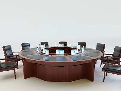 Round Wooden Conference Table With Multiple Screens And Black Leather Chairs 3d model