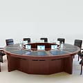 Round Wooden Conference Table With Multiple Screens And Black Leather Chairs