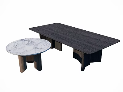 Modern Round and Rectangular Coffee Tables with Marble Top and Dark Wooden Legs 3d model