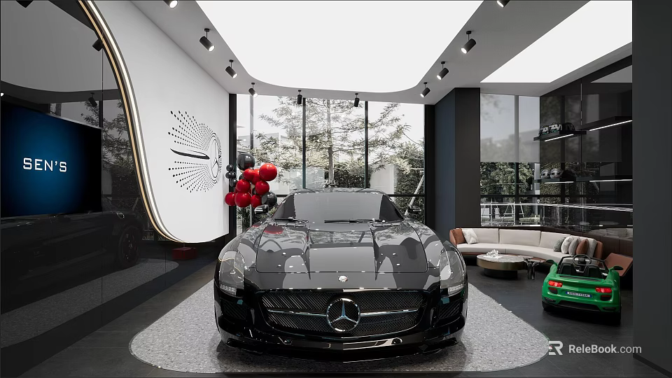 Luxury Car Dealership Showroom Interior With Black Mercedes Sports Car Large Windows And Green Plants 3d model 