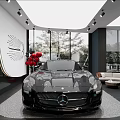 Luxury Car Dealership Showroom Interior With Black Mercedes Sports Car Large Windows And Green Plants