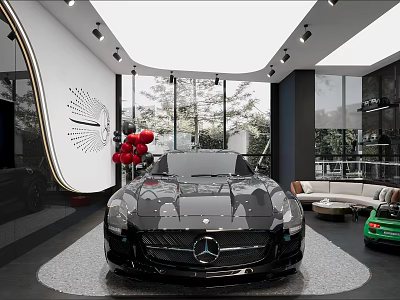Luxury Car Dealership Showroom Interior With Black Mercedes Sports Car Large Windows And Green Plants 3d model