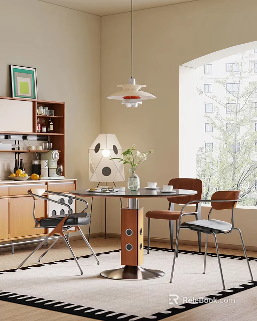 Modern Dining Table Set Interior Design With Chairs Pendant Lamp Flower Vase And Window View 3d model 