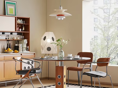 Modern Dining Table Set Interior Design With Chairs Pendant Lamp Flower Vase And Window View 3d model