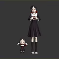 Game Movie Character With Mini Companion In Dark Dress Red Accents Holding Heart Object Standing