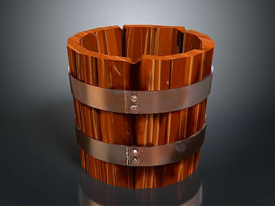 Wooden Bucket With Metal Bands For Home Storage And Decor 3d model