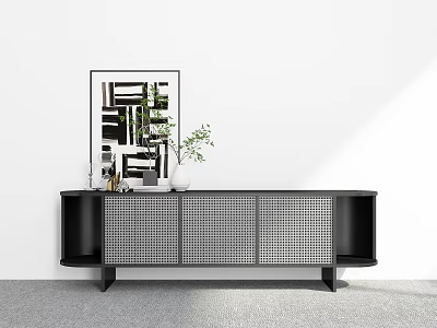 Modern Black TV Stand With Perforated Doors And Potted Plant Framed Artwork 3d model