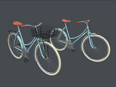 Two Light Blue Bicycles With Orange Seats And Black Front Baskets 3d model