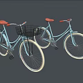Two Light Blue Bicycles With Orange Seats And Black Front Baskets