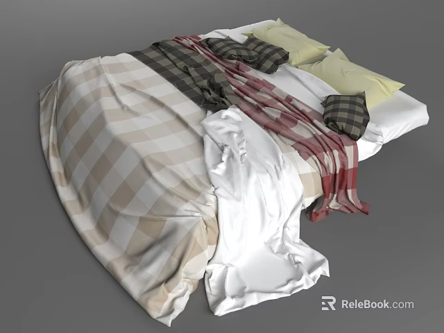Cozy Double Bed With Plaid Blanket Yellow Pillows And Red Striped Throw 3d model 