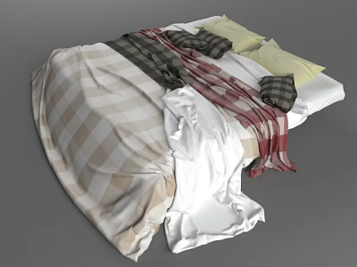 Cozy Double Bed With Plaid Blanket Yellow Pillows And Red Striped Throw 3d model