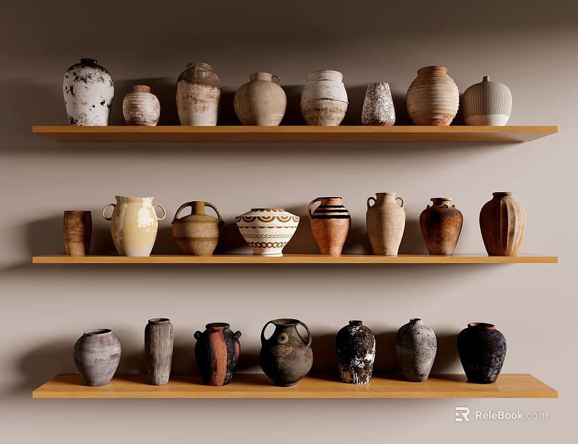 Various Ceramic Vessels Displayed on Multiple Wooden Shelves with Different Colors and Designs 3d model 