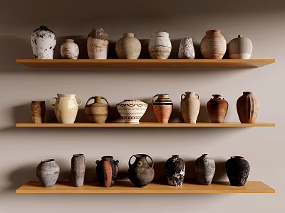 Various Ceramic Vessels Displayed on Multiple Wooden Shelves with Different Colors and Designs 3d model