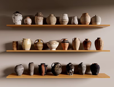 Various Ceramic Vessels Displayed on Multiple Wooden Shelves with Different Colors and Designs 3d model