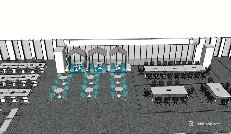 Office Desks In Open Workspace With Round And Long Tables And Black Chairs 3d model 