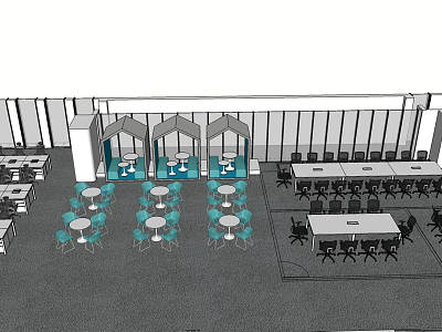 Office Desks In Open Workspace With Round And Long Tables And Black Chairs 3d model