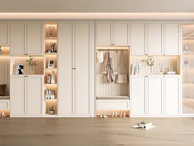 Elegant Modern White Shoe Cabinet with Clothes Hanging Area LED Lighting and Storage Cabinets 3d model