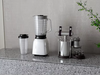 Modern Kitchen Countertop With Blender Transparent Cup And Grinder Near Gray Wall And Green Plant 3d model