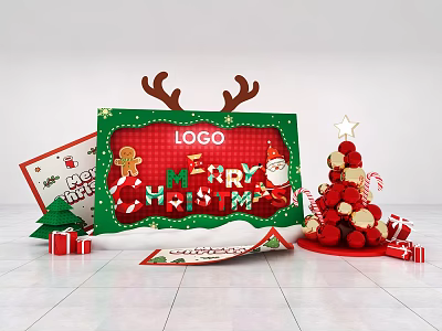 Christmas Photo Check-in Spot With Reindeer Antlers Gingerbread Man Red Green Decorations And LOGO Frame 3d model