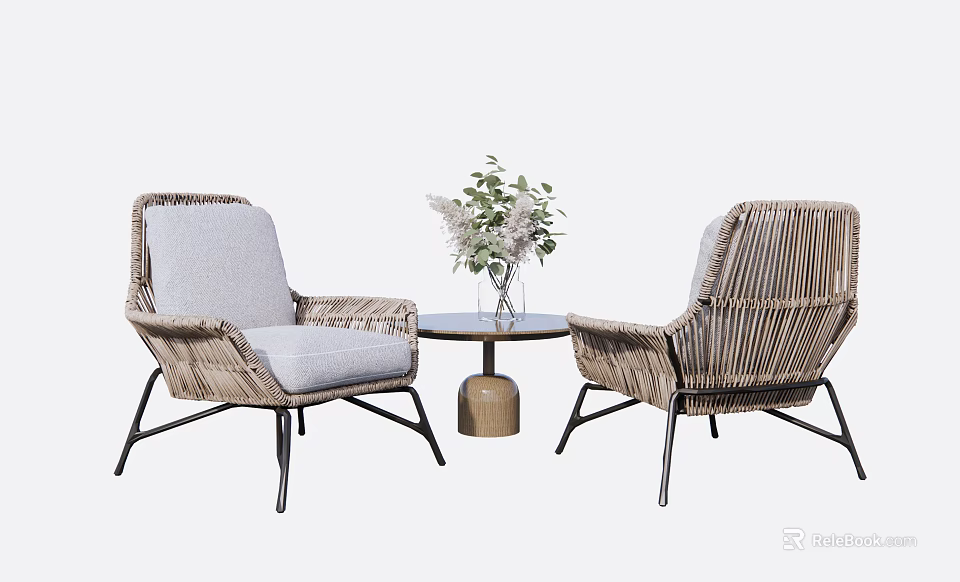 Stylish Modern Outdoor Table With Wicker Chairs Metal Frame And Green Plant Vase Decor 3d model 