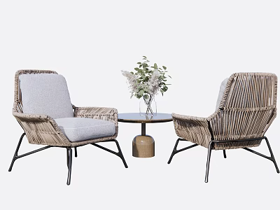 Stylish Modern Outdoor Table With Wicker Chairs Metal Frame And Green Plant Vase Decor 3d model