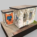 Graffiti Covered Small Building Model With Weathered Exterior Open Door And Windows