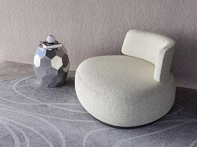Cream Velvet Single Seater Sofa With Circular Design And Silver Geometric Vase On Gray Carpet 3d model