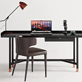 Modern Black Desk With Laptop Red Lamp Decorative Item Green Cup And Brown Chair