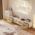 Modern White Wooden TV Stand in Cozy Living Room with Drawers Projector and Decorations