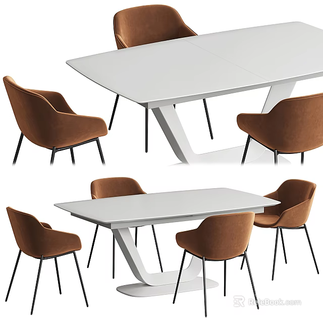 Modern Dining Table Set With White Tabletop And Brown Upholstered Chairs 3d model