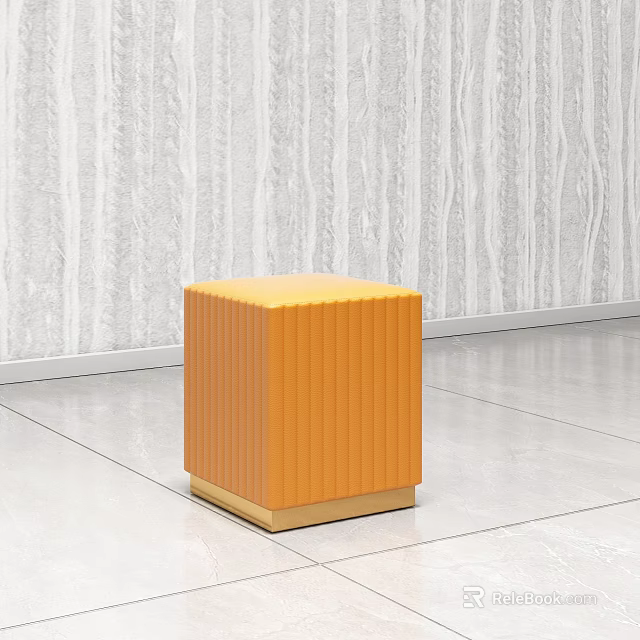 Orange Ribbed Square Stool in Modern Interior With Light Gray Floor 3d model 