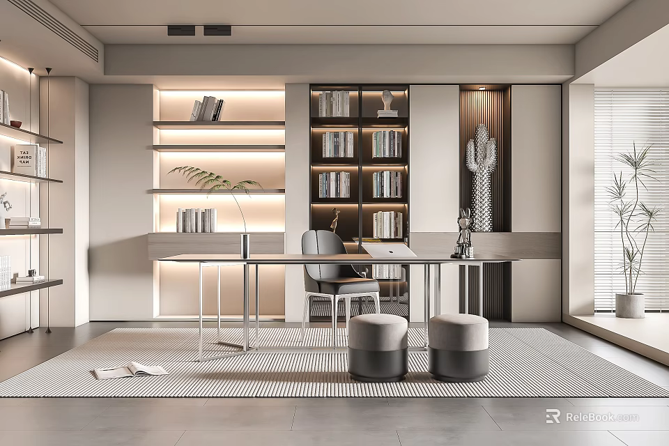 Modern Minimalist Study Room Interior With Built in Bookshelves Wooden Desk And Potted Plant 3d model 