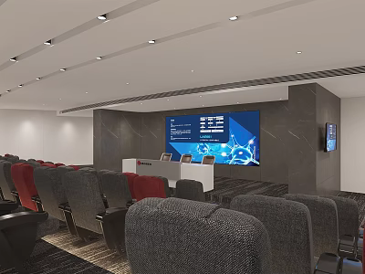 Contemporary Conference Room With Digital Screen Rows Of Meeting Chairs And Modern Control Desk 3d model