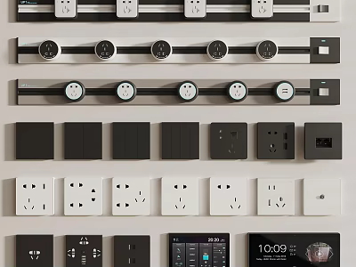 Modern Design Switch Panels in Black and White with Socket and Digital Display Features 3d model