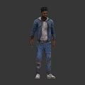 Man in Blue Denim Outfit With Distressed Details White Hoodie and White Sneakers Two Views