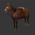 Brown Horse With Leather Saddle And Rolled Blanket On Back Standing Still