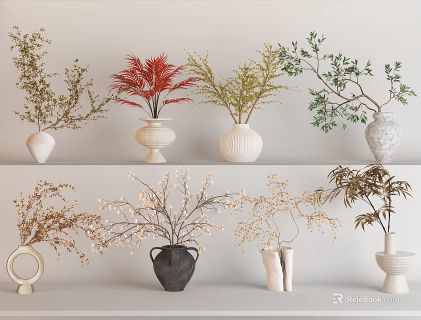 Multiple Flower Vases With Various Plant Branches In Two Tier Decor Display Design 3d model
