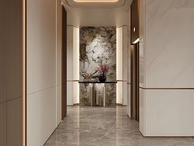 Modern Entryway Hallway Design With Marble Wall Flower Arrangement Recessed Lighting And Polished Flooring 3d model