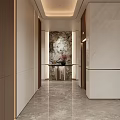 Modern Entryway Hallway Design With Marble Wall Flower Arrangement Recessed Lighting And Polished Flooring