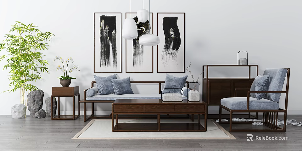 Modern Sofa Coffee Table Set with Decorative Paintings Pendant Lights and Side Table 3d model