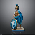 Ancient Warrior Statue With Blue Cloak Helmet And Decorative Shield On White Base