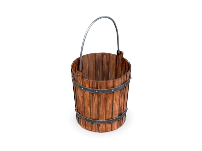 Rustic Wooden Decorative Bucket With Metal Handle For Home Ornamental 3d model