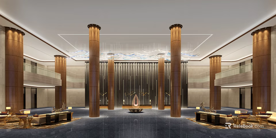 Elegant Luxurious Hotel Lobby With Decorative Columns Chandeliers And Comfortable Sofas 3d model 
