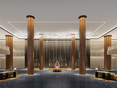 Elegant Luxurious Hotel Lobby With Decorative Columns Chandeliers And Comfortable Sofas 3d model