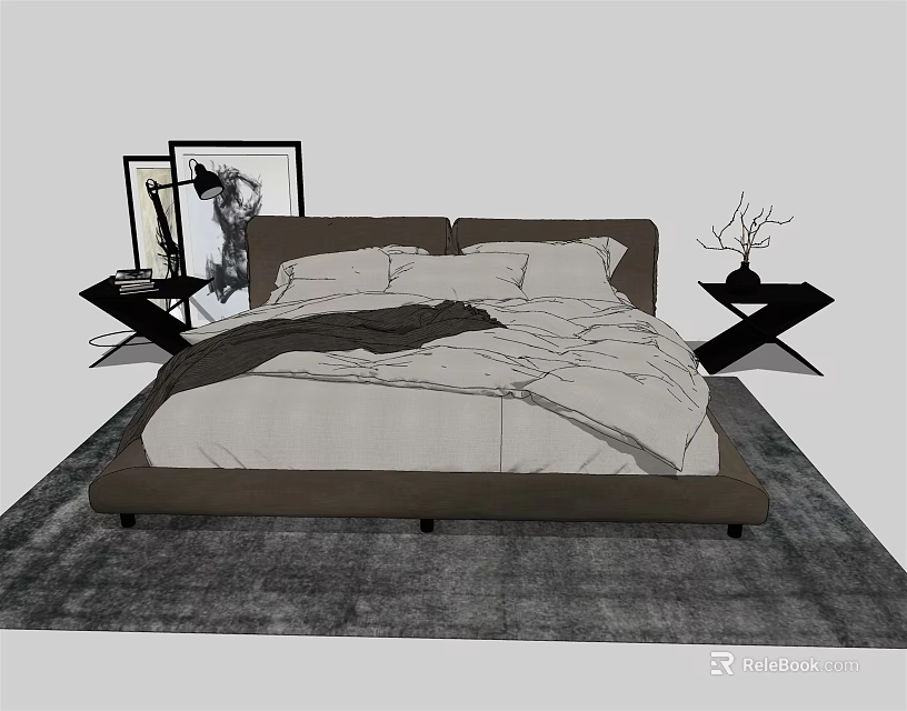 Modern Double Bed with White Bedding Dark Headboard and Side Tables on Gray Rug 3d model