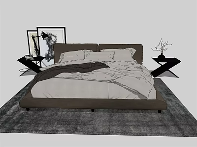 Modern Double Bed with White Bedding Dark Headboard and Side Tables on Gray Rug 3d model